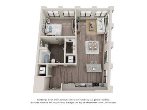 Floor plan for 1 bed, 1 bath, 798 sqft